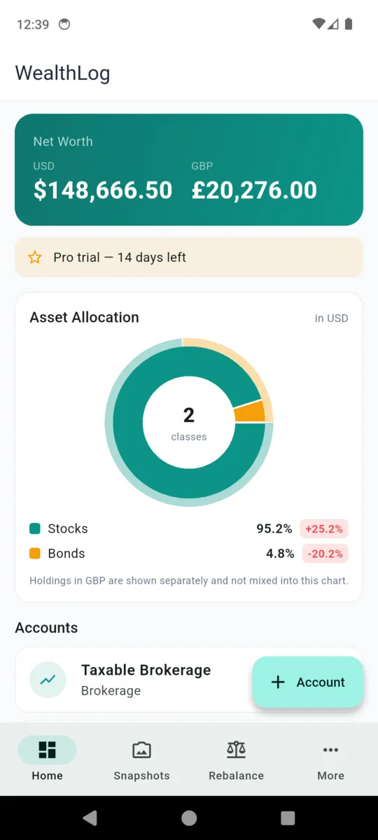 The WealthLog home screen with a dark teal net worth card showing separate USD and GBP totals, an asset allocation donut with stocks and bonds, and an accounts list