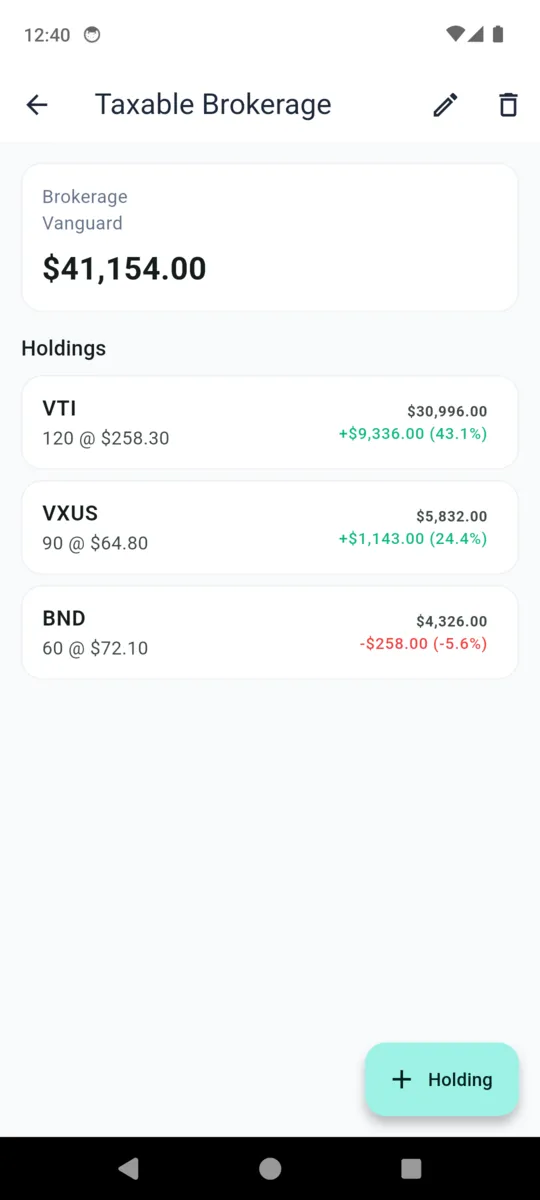A WealthLog account screen for a taxable brokerage showing the account total and a list of holdings with quantity and price per unit