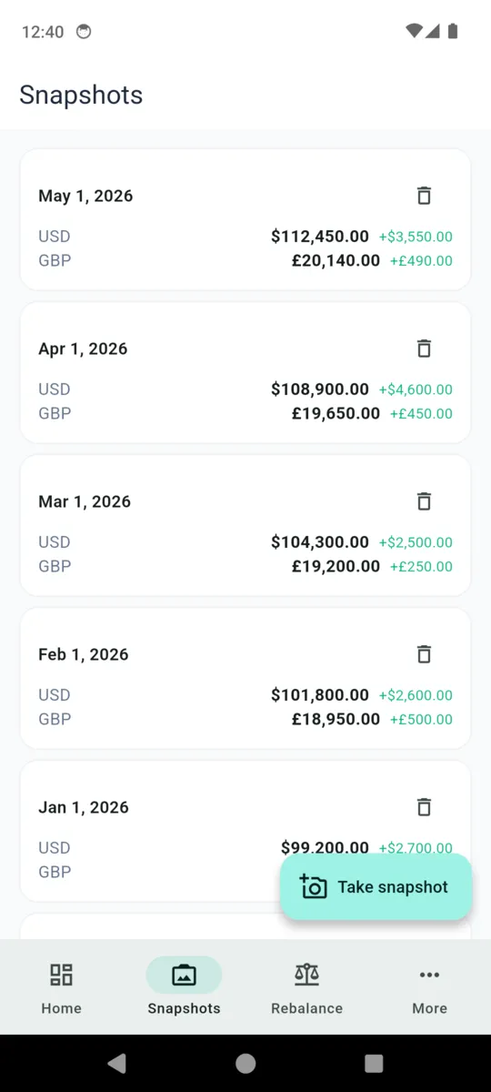 The WealthLog snapshots screen listing dated captures, each showing a USD row and a GBP row kept separate
