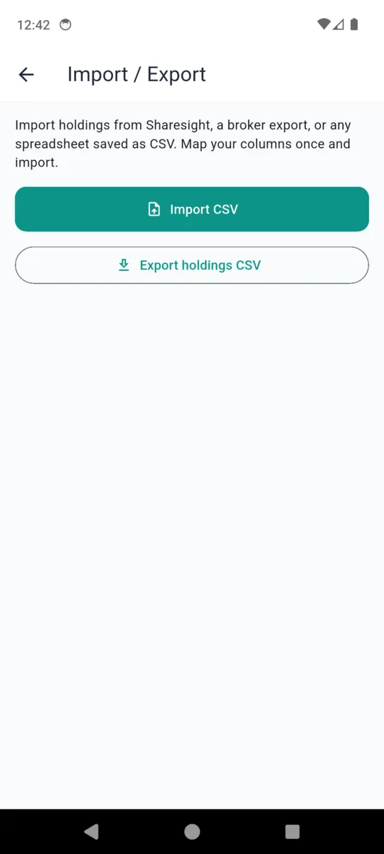 The WealthLog import and export screen offering Import CSV and Export holdings CSV, with a note about mapping your columns once