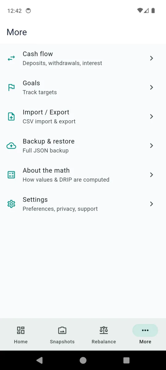 The WealthLog More screen listing cash flow, goals, import and export, backup and restore, About the math, and settings