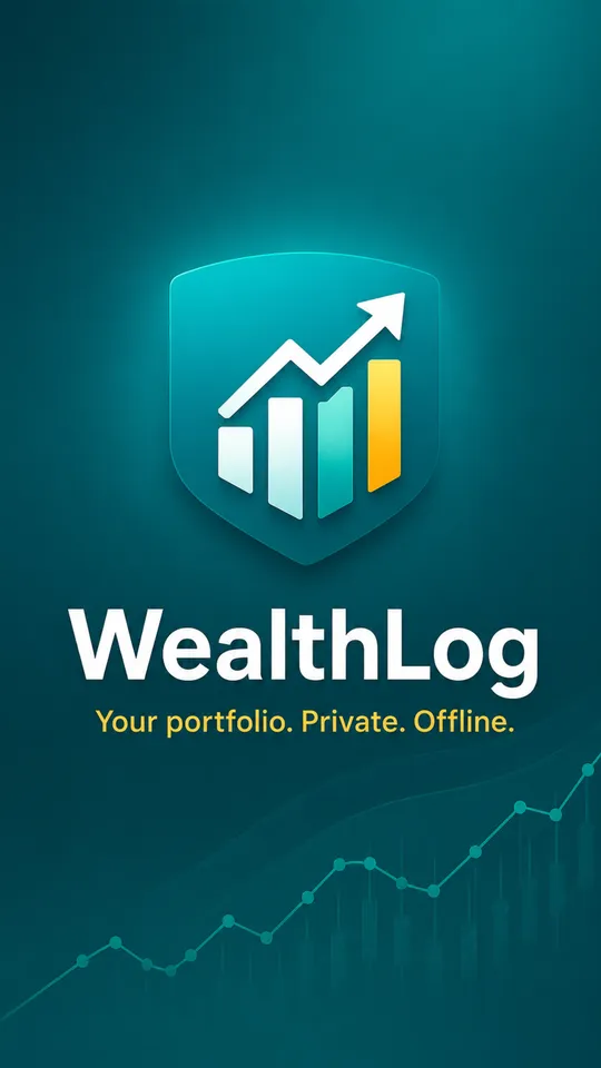 The WealthLog launch screen: the teal shield and bar-chart icon on a dark teal field, the name WealthLog, and the line Your portfolio. Private. Offline.