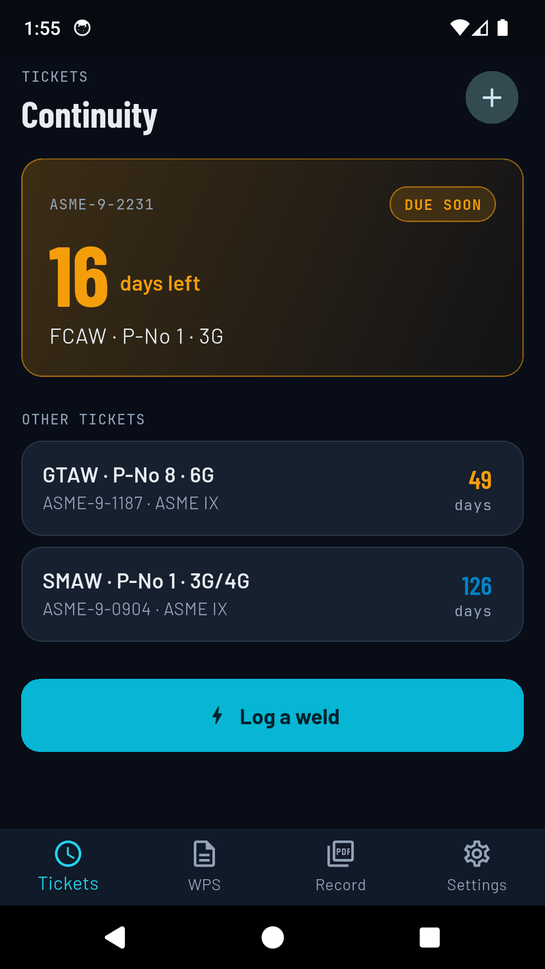 Three tickets listed with 16, 49 and 126 days remaining