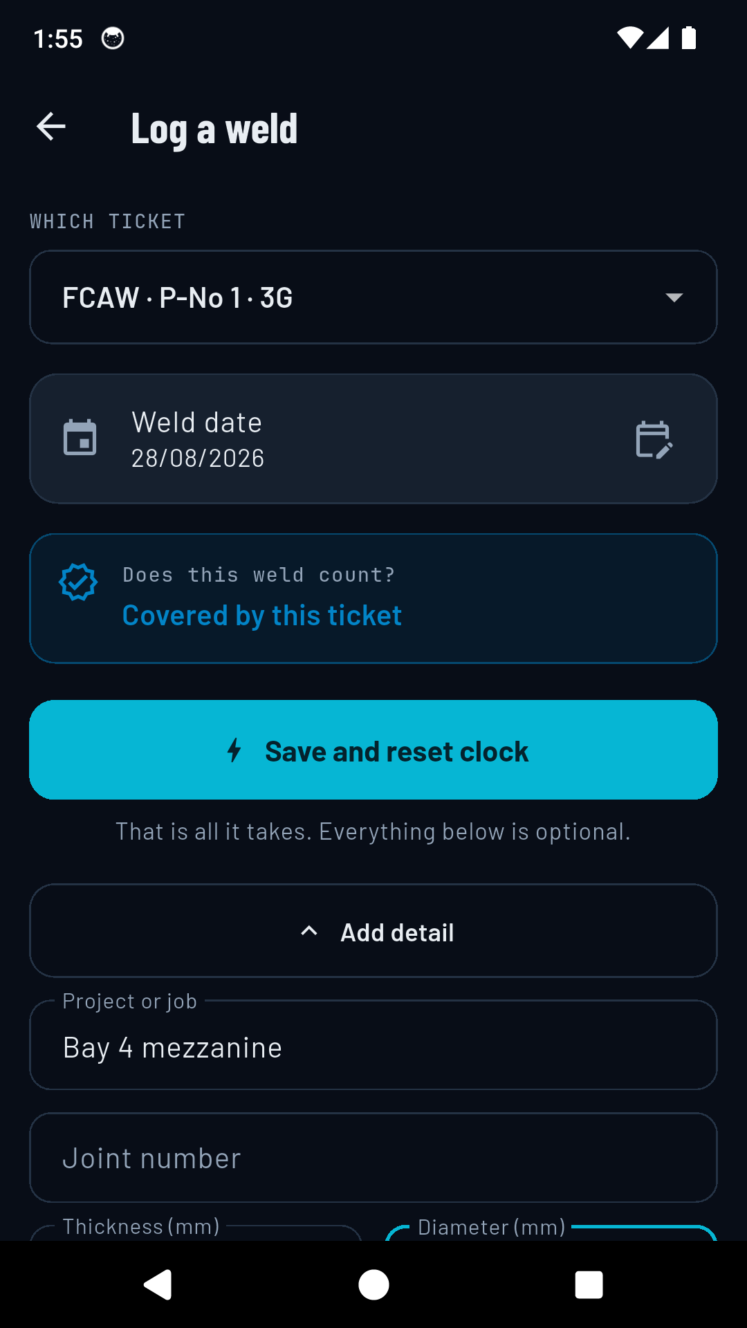 Logging a weld, showing the verdict Inside this ticket above the save button