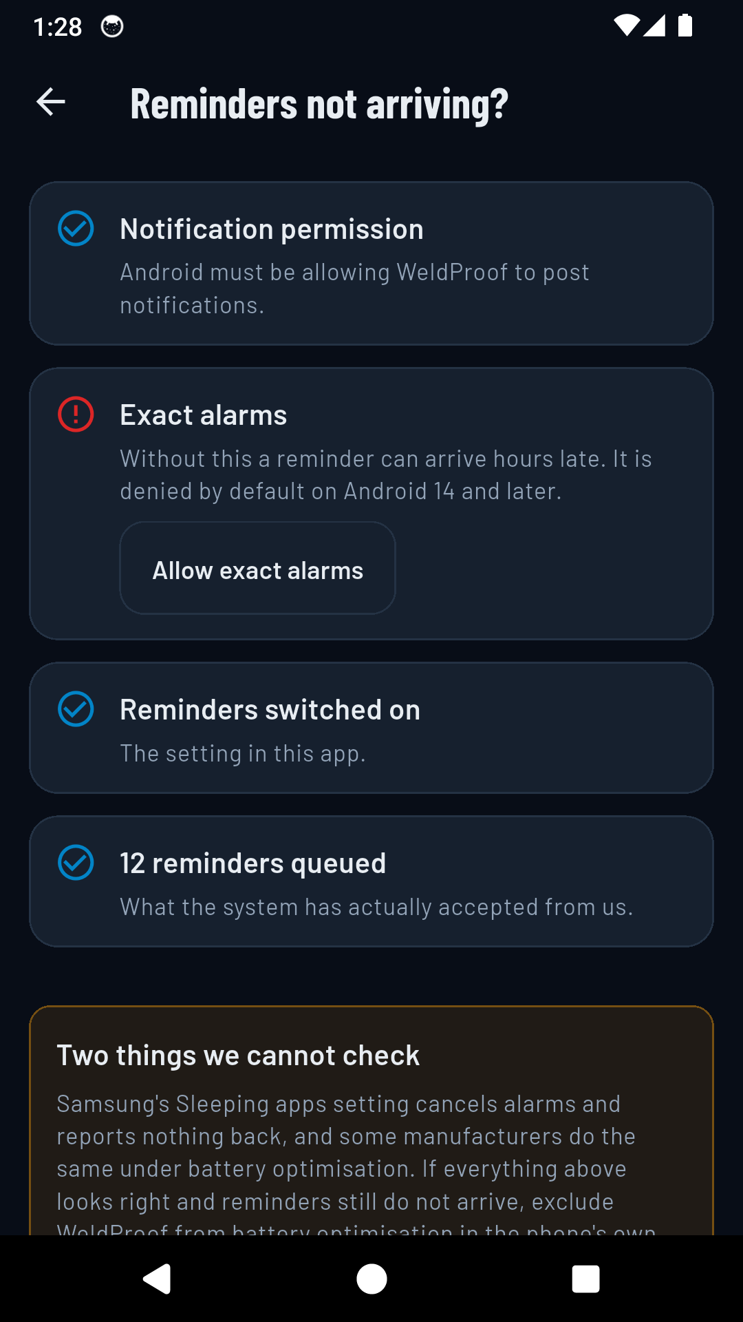 The reminder diagnostics screen listing notification permission, exact alarms and queued reminders