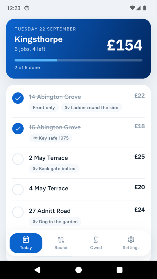 The WindowRound day sheet showing today’s jobs in walking order