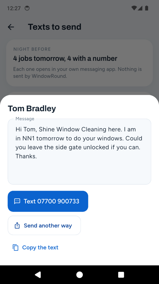 The night-before text, filled in with their name and your area, sent from your own phone.