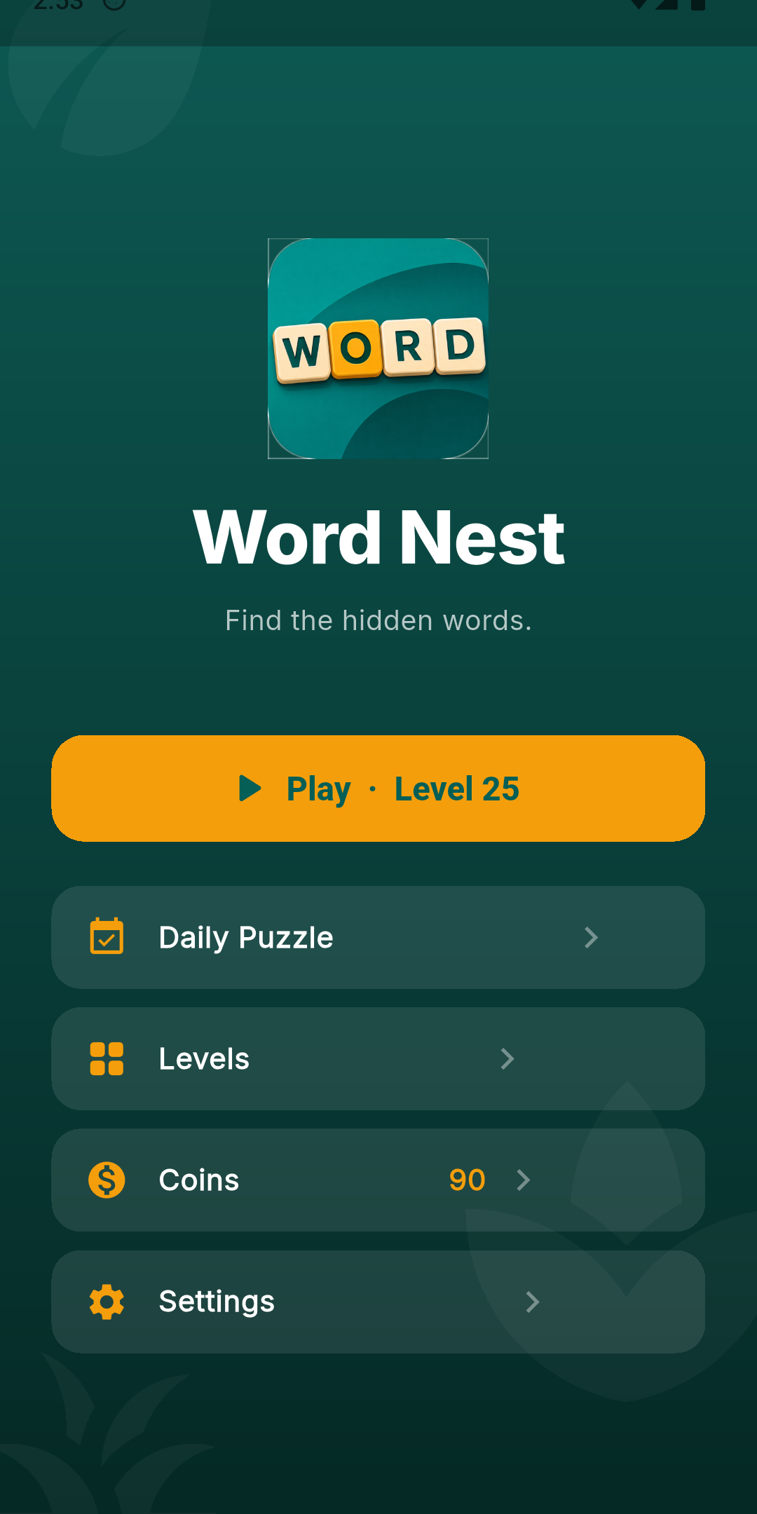 Word Nest home screen with Play Level 25 button, Daily Puzzle, Levels and Coins