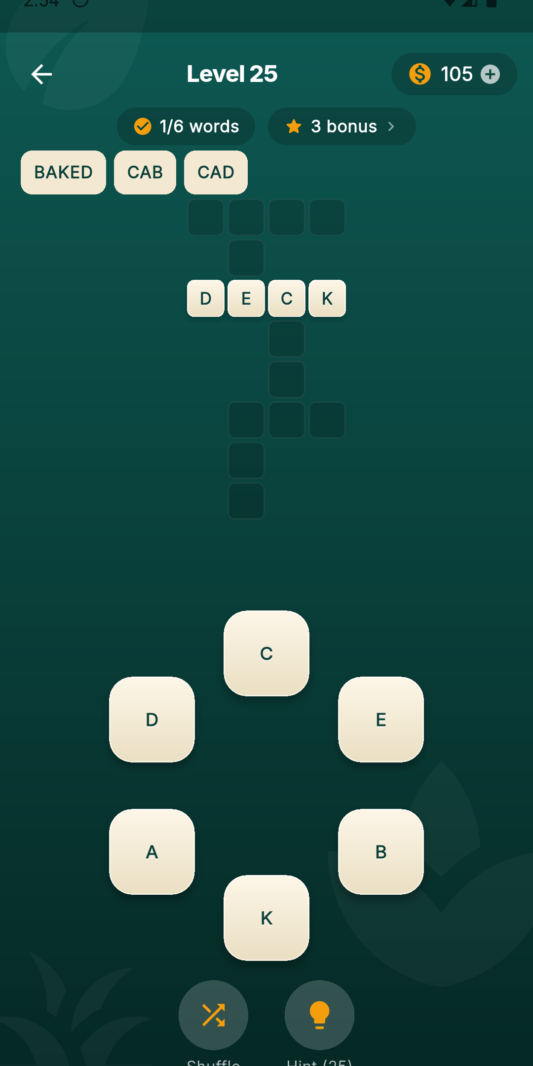 Word Nest gameplay — crossword grid filling with BAKED CAB CAD found words listed