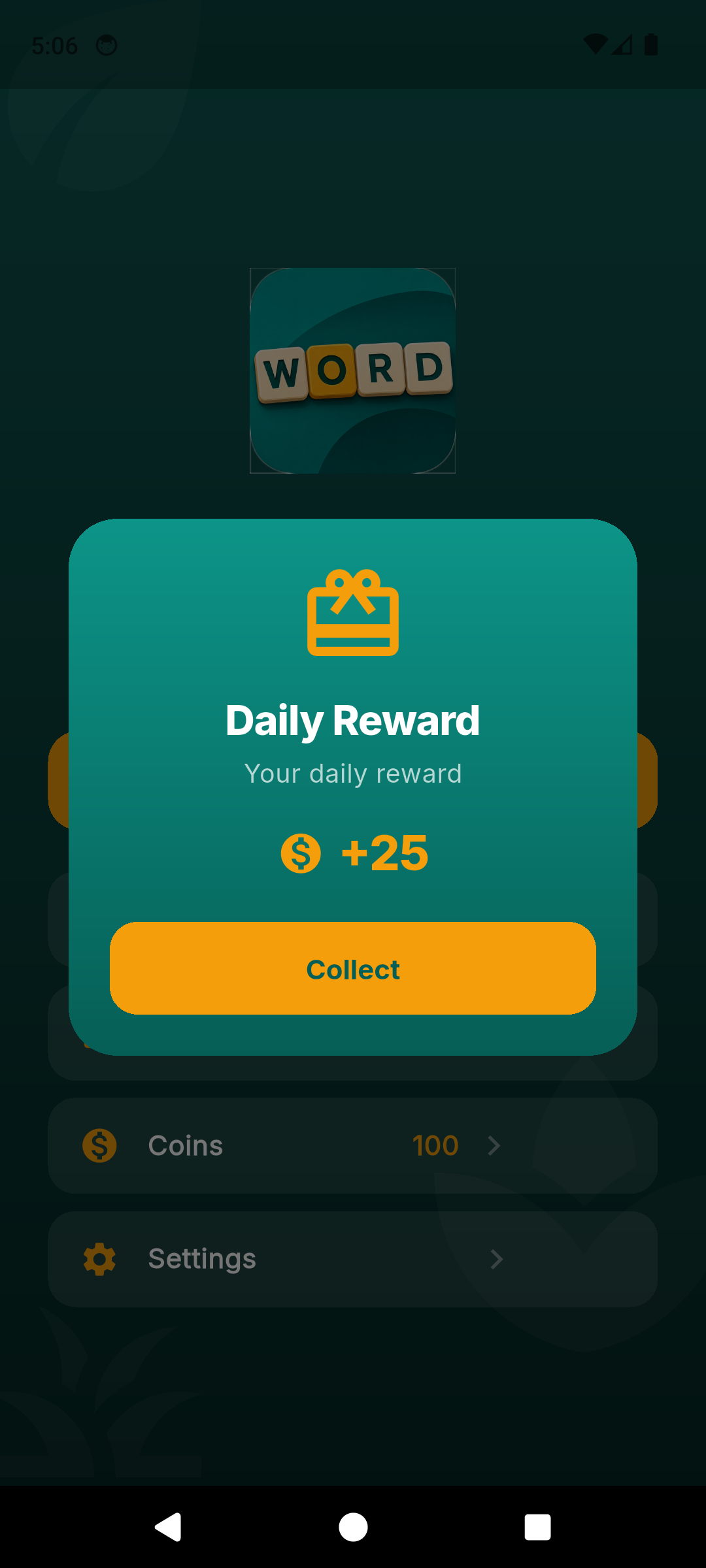 Word Nest daily reward popup showing +25 coins with Collect button