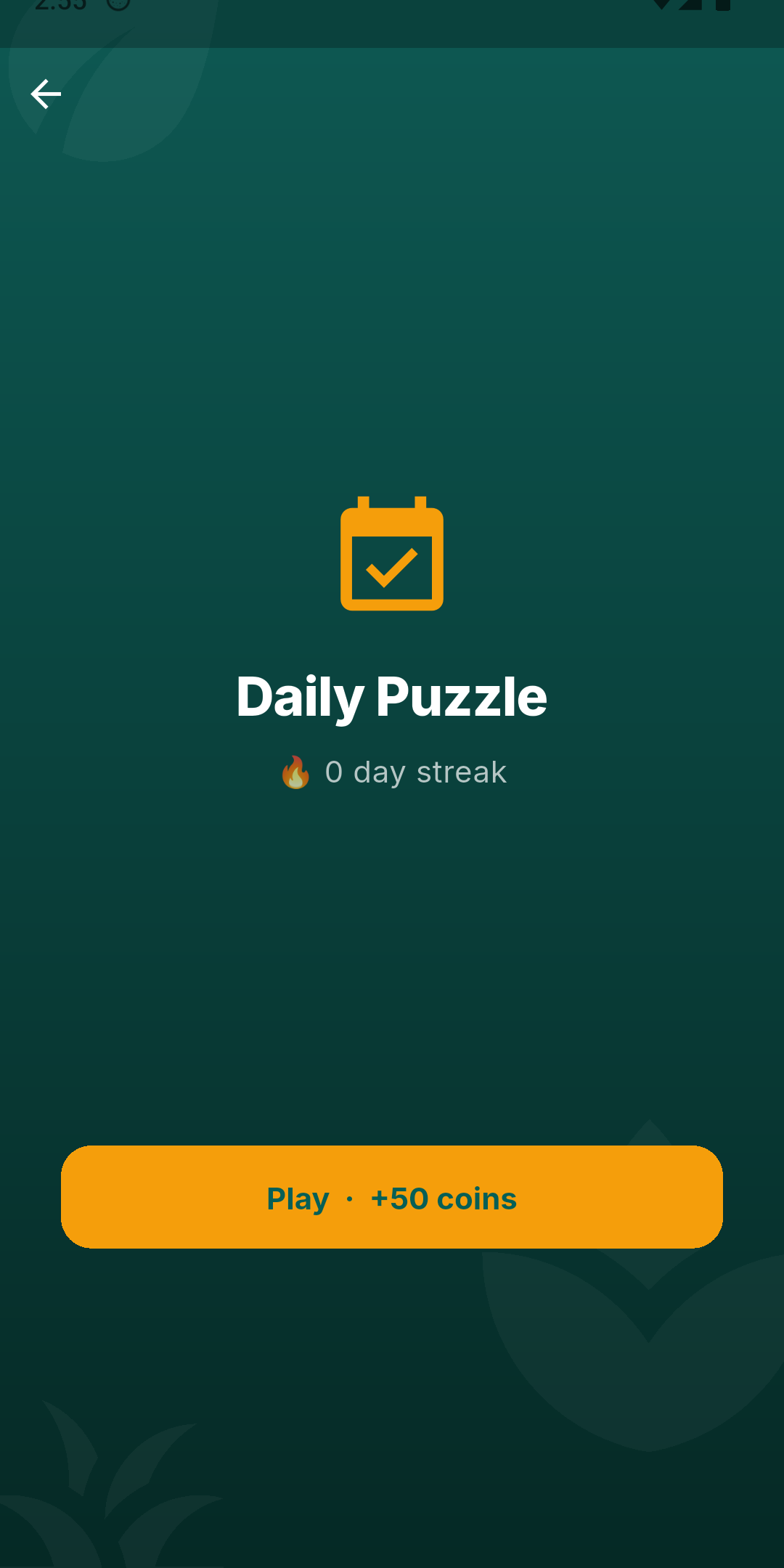 Word Nest daily puzzle screen showing calendar icon and Play + 50 coins button