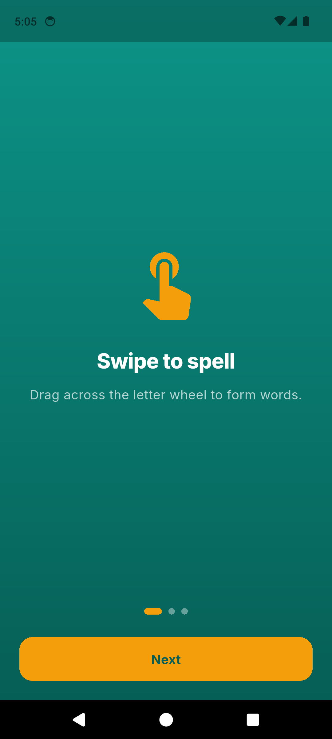 Word Nest onboarding Swipe to spell screen with hand-gesture illustration