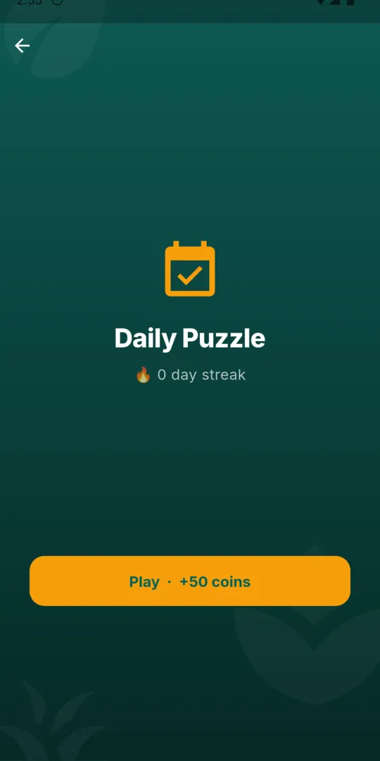 The Word Nest daily puzzle screen showing the current day streak and a play button worth 50 coins