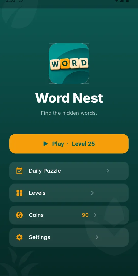 The Word Nest home screen with a Play button showing the current level, and rows for Daily Puzzle, Levels, Coins and Settings