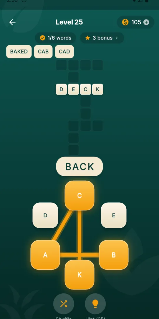 Level 25 of Word Nest mid-move: an amber path traced across the letter wheel spelling BACK, with the crossword grid above