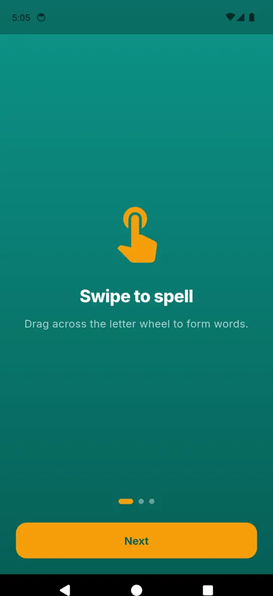 The Word Nest first-run screen: a hand icon over the words Swipe to spell, drag across the letter wheel to form words