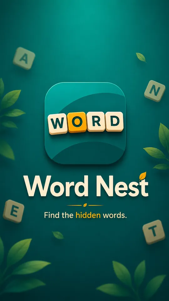 The Word Nest launch screen: cream letter tiles spelling WORD on a teal board, surrounded by leaves, under the line Find the hidden words