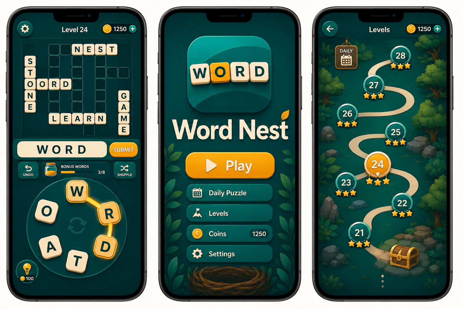 Word Nest gameplay — crossword grid, letter wheel and found words