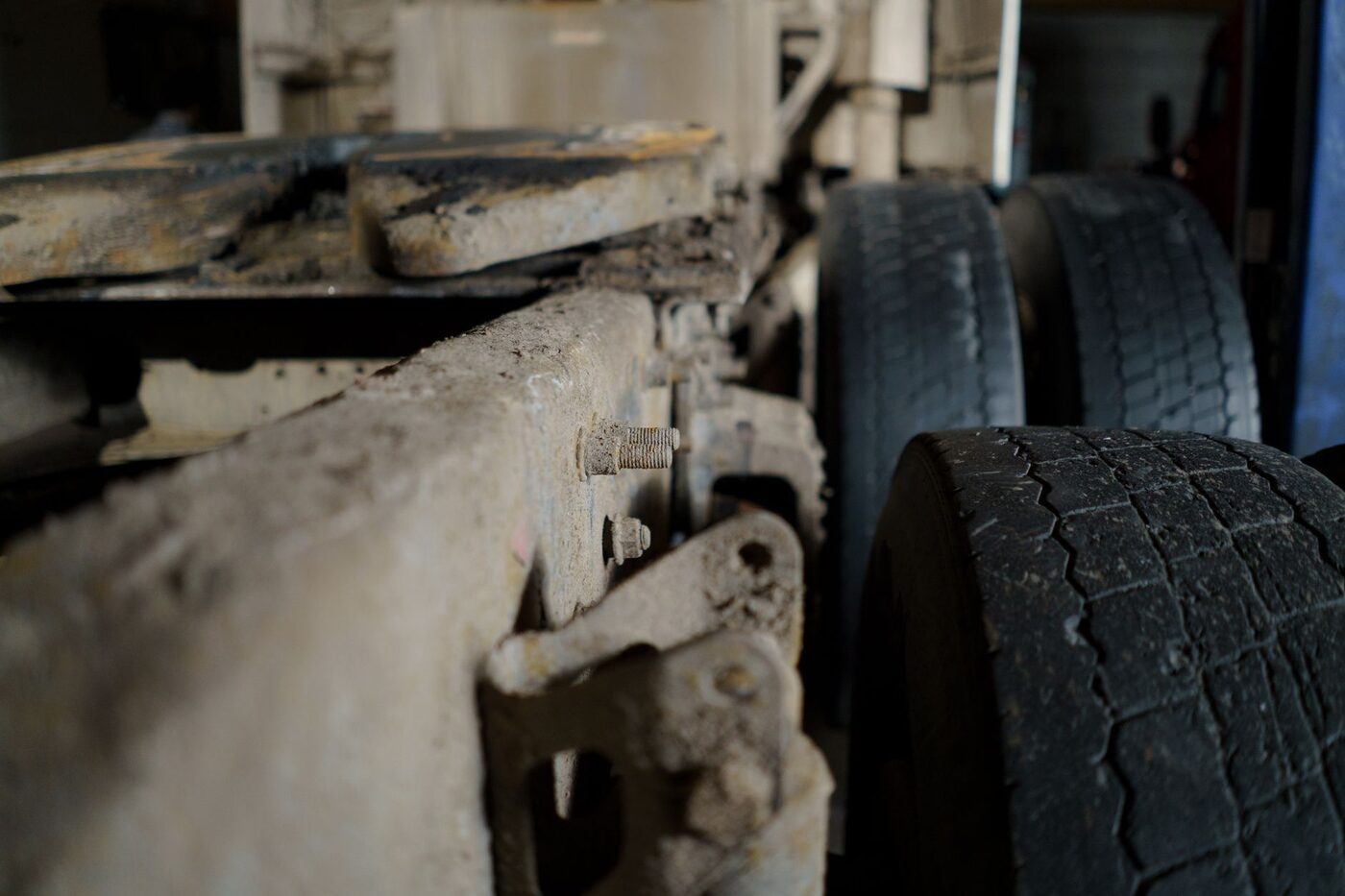Close view of a truck chassis and tyres