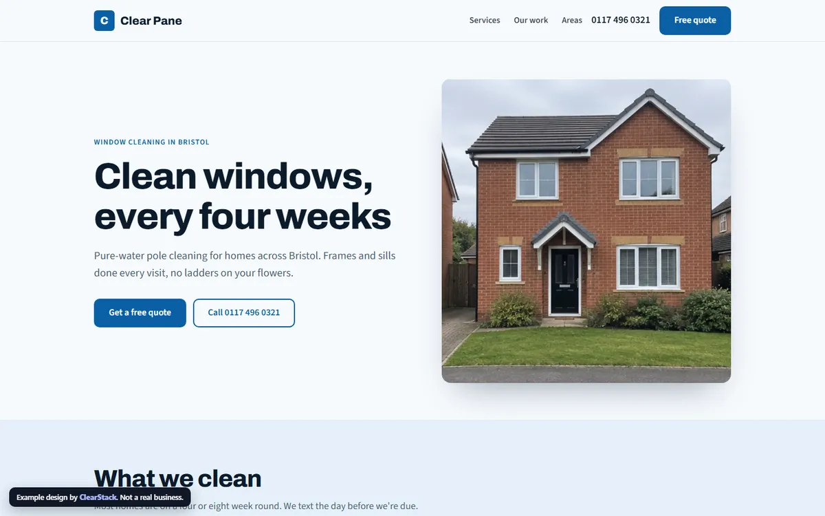 Clear Pane example site on a computer