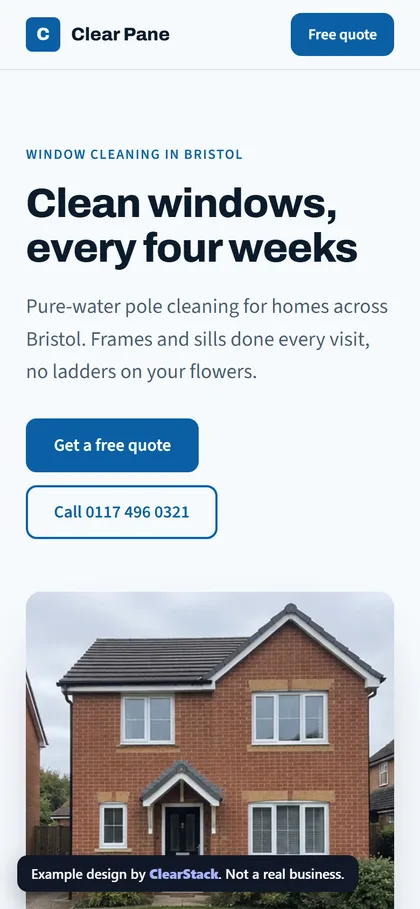 Clear Pane example site on a phone