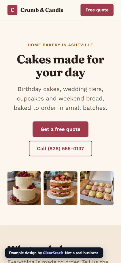 Crumb & Candle example site on a phone