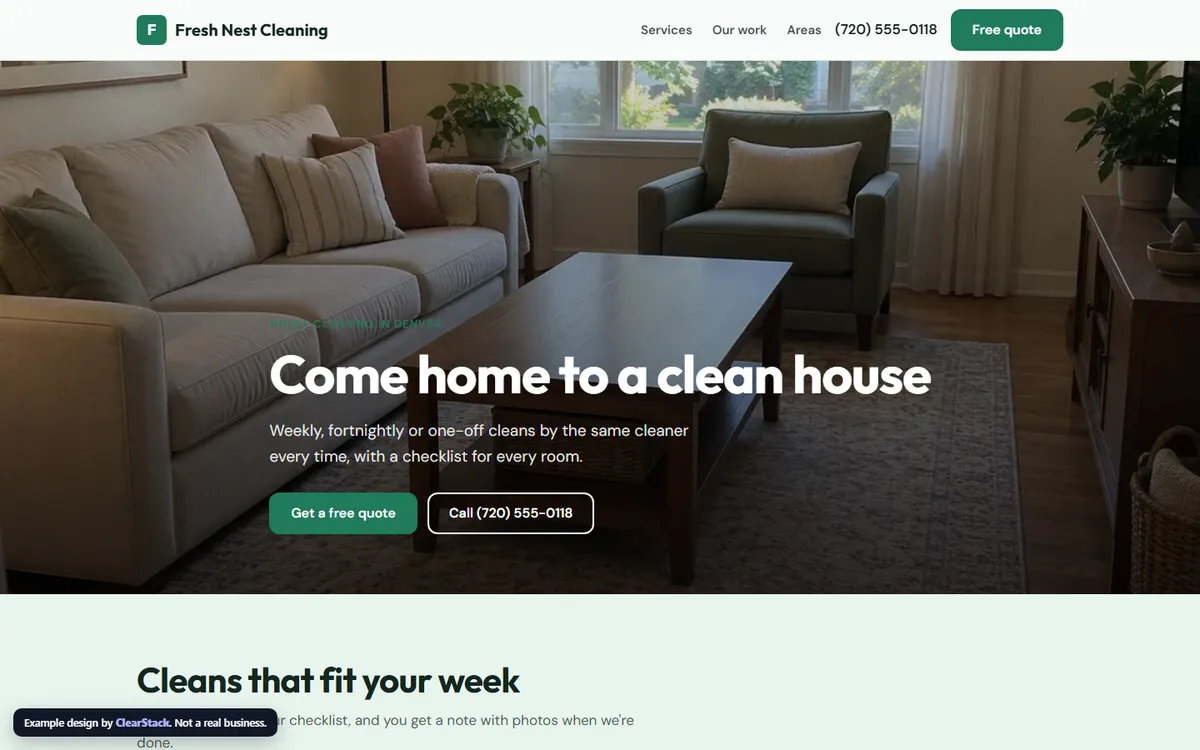 Fresh Nest Cleaning example site on a computer