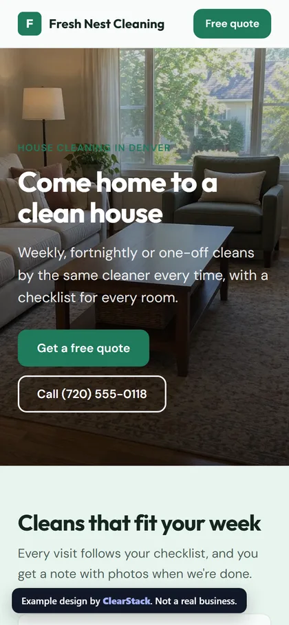 Fresh Nest Cleaning example site on a phone