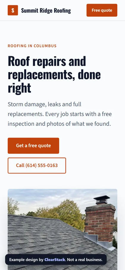 Summit Ridge Roofing example site on a phone